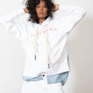 Sandrine Rose California Hoodie White/Hot Pink Pockets Heavy Cotton Sweatshirt L